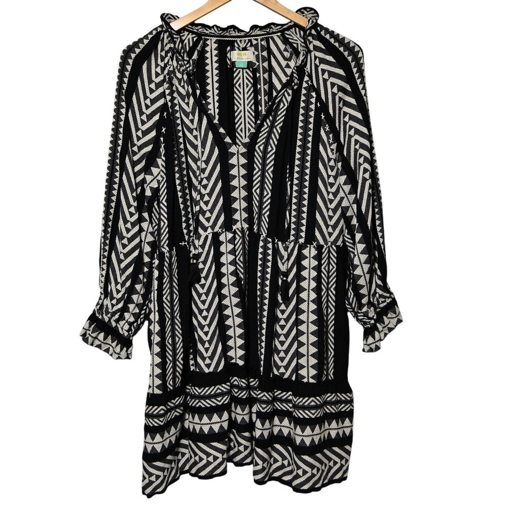 Maeve Tunic Dress Womens Geometric Tribal Boho 2X Black White India